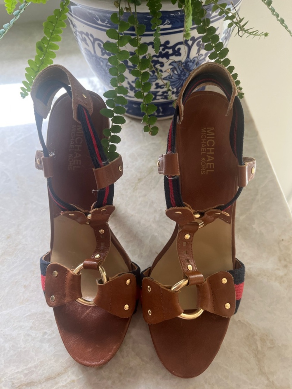 MICHAEL Michael Kors Brown Leather Sandals with Red and Blue Stripes